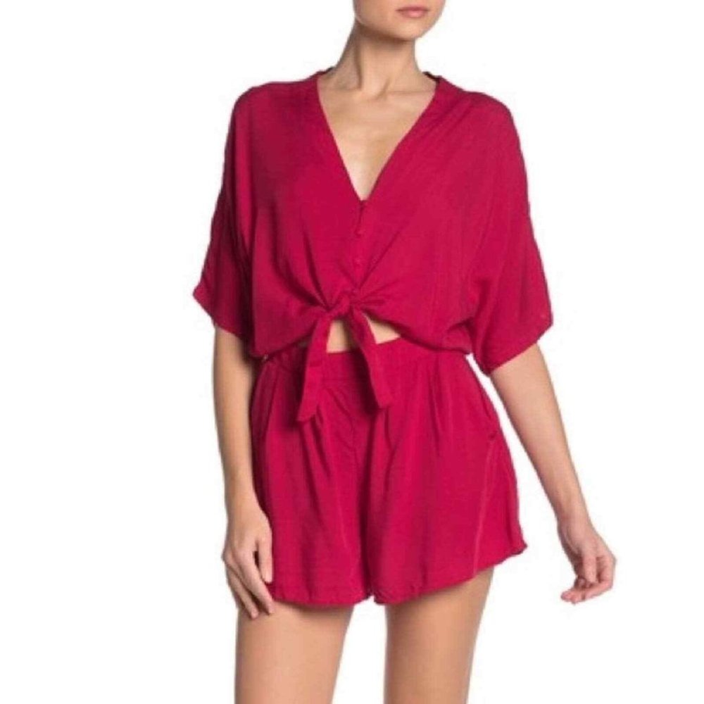 Mustard Seed Front Tie Red Romper Short Sleeves Cut Out Rayon 100% Size M